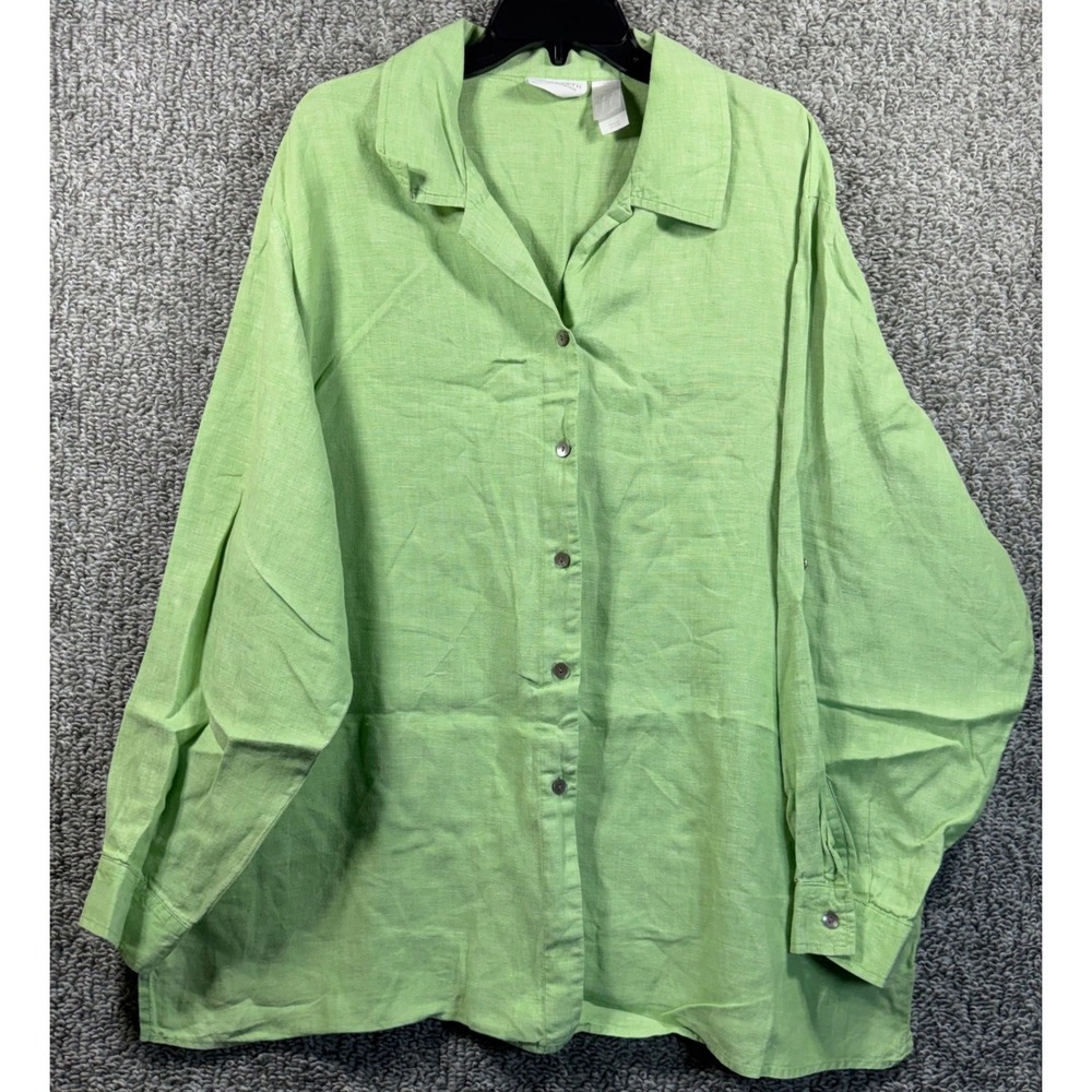 Elisabeth Liz Claiborne Button Down Shirt Green Linen Roll Tab Women 3X